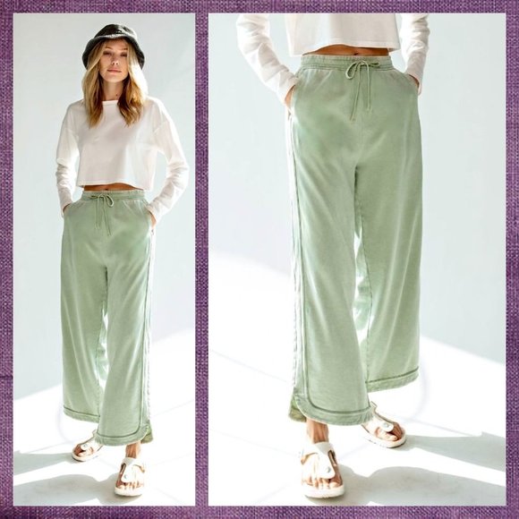 EASEL "So Comfy" Side Seams Scooped Hem Wide Leg Mineral Washed Pants Drawstring - Picture 6 of 16